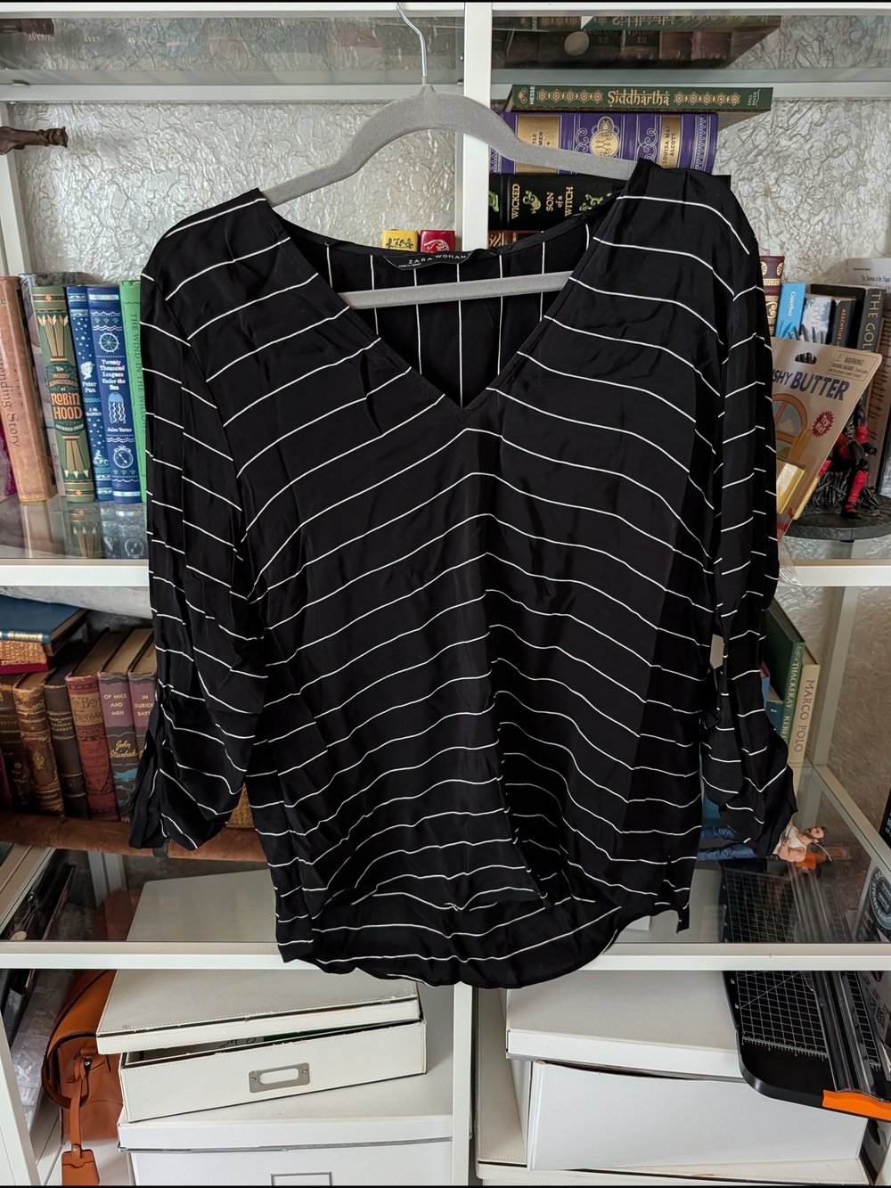 Zara Black V-Neck Striped Blouse